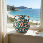 LIVARA Rune Ceramic Vase - Sculptural Double-Handle Design with Hand-Painted Symbol Pattern Handcrafted Artistic Decor for Modern Interiors - Green