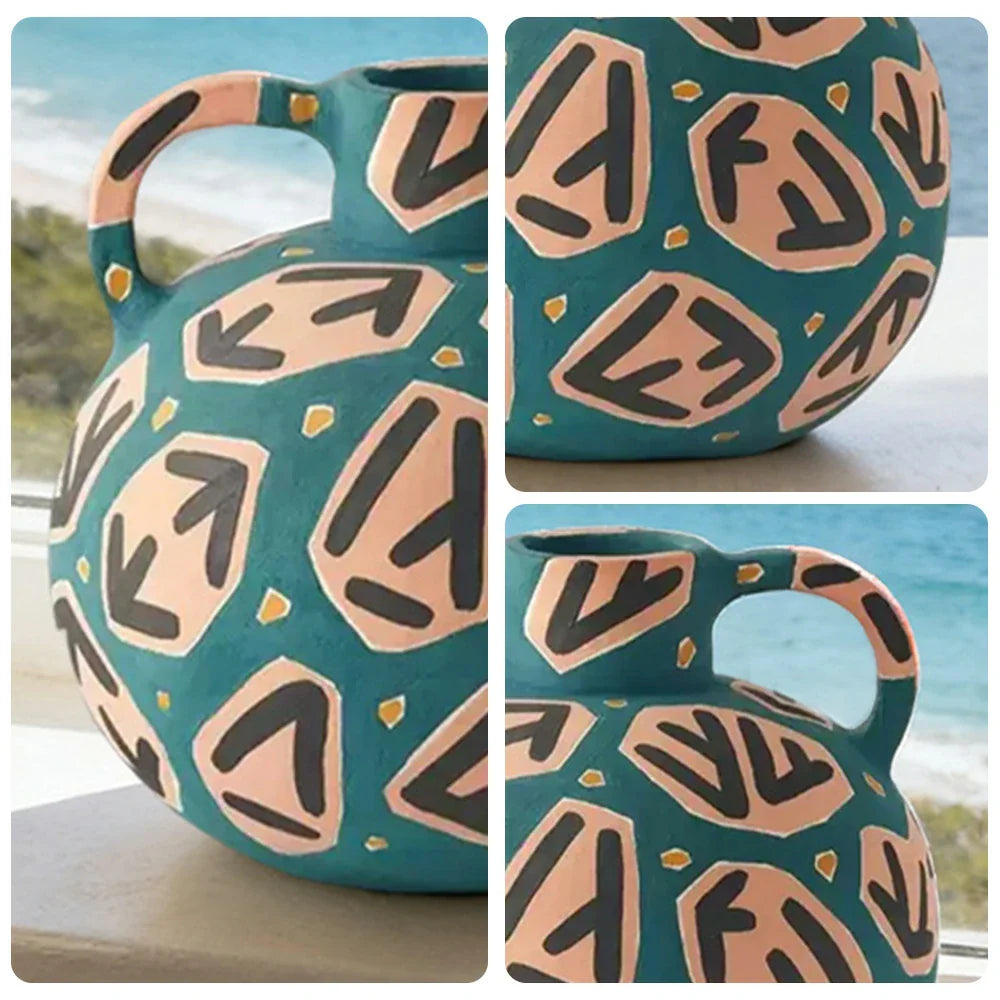 LIVARA Rune Ceramic Vase - Sculptural Double-Handle Design with Hand-Painted Symbol Pattern Handcrafted Artistic Decor for Modern Interiors - Green