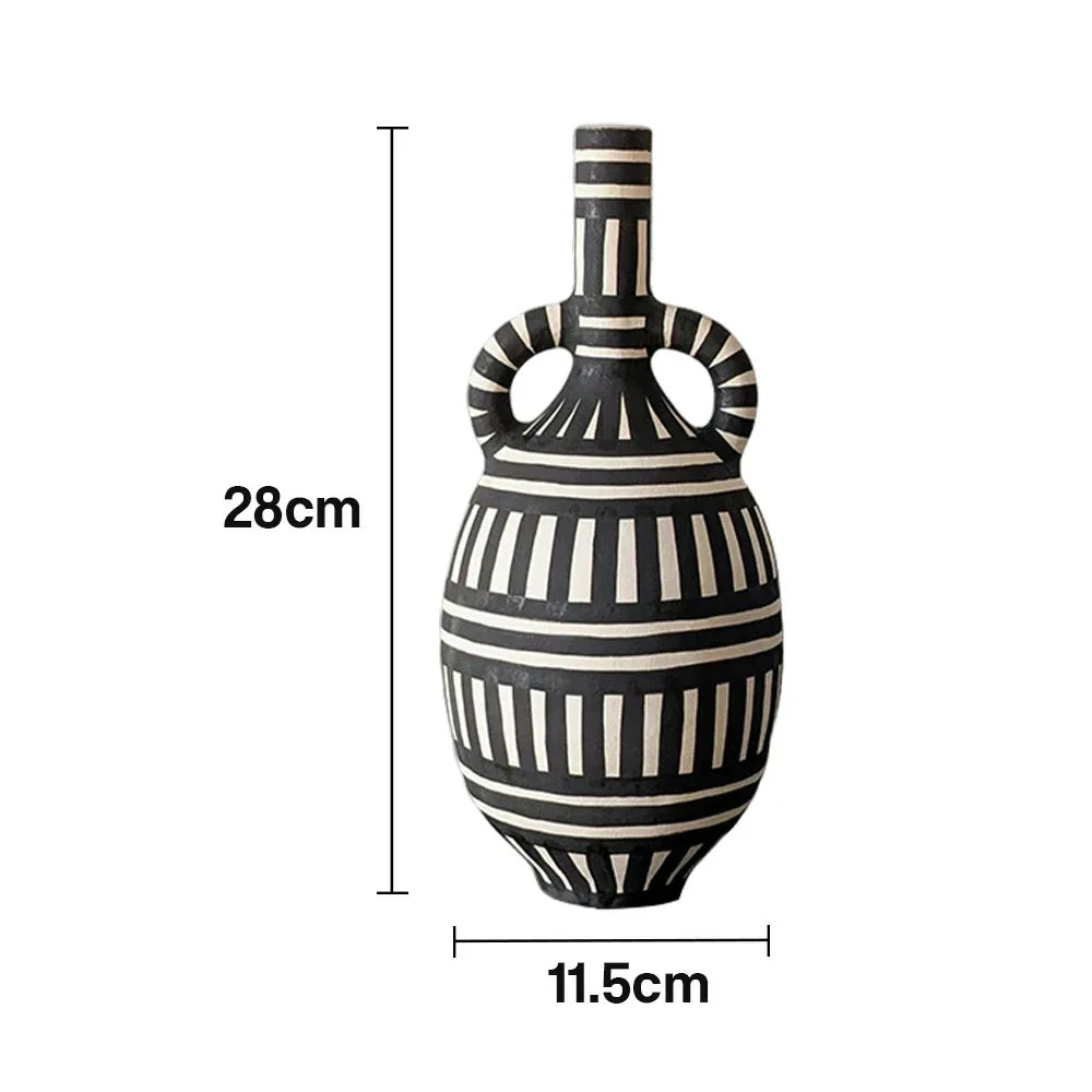LIVARA Sculptural Ceramic Vase - Tall Double-Handle Form Handcrafted Graphic Stripe Pattern Artistic Statement Decor for Modern Interiors - Black & White