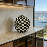 LIVARA Checkered Ceramic Vase - Sculptural Rounded Form Handcrafted Matte Finish Bold Statement Decor for Modern Interiors - Black & White