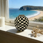 LIVARA Checkered Ceramic Vase - Sculptural Rounded Form Handcrafted Matte Finish Bold Statement Decor for Modern Interiors - Black & White