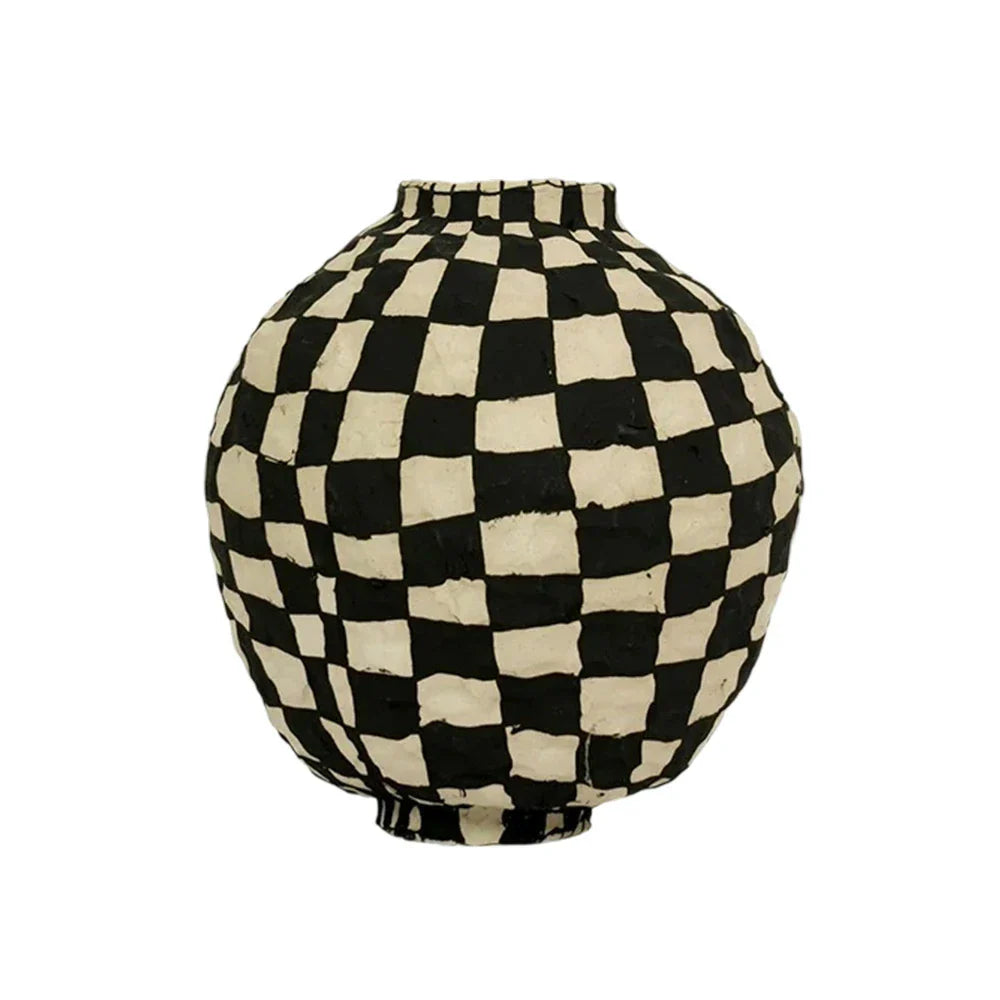LIVARA Checkered Ceramic Vase - Sculptural Rounded Form Handcrafted Matte Finish Bold Statement Decor for Modern Interiors - Black & White