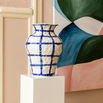 LIVARA Handcrafted Ceramic Vase - Sculptural Rounded Form Hand-Painted Grid Pattern Artistic Statement Decor for Modern Interiors - Blue & White