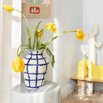 LIVARA Handcrafted Ceramic Vase - Sculptural Rounded Form Hand-Painted Grid Pattern Artistic Statement Decor for Modern Interiors - Blue & White