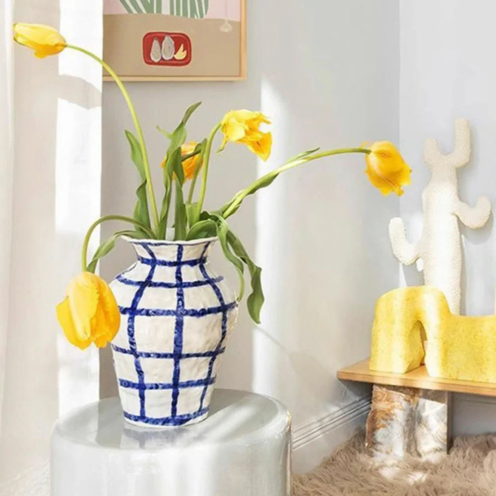 LIVARA Handcrafted Ceramic Vase - Sculptural Rounded Form Hand-Painted Grid Pattern Artistic Statement Decor for Modern Interiors - Blue & White