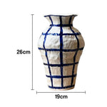 LIVARA Handcrafted Ceramic Vase - Sculptural Rounded Form Hand-Painted Grid Pattern Artistic Statement Decor for Modern Interiors - Blue & White