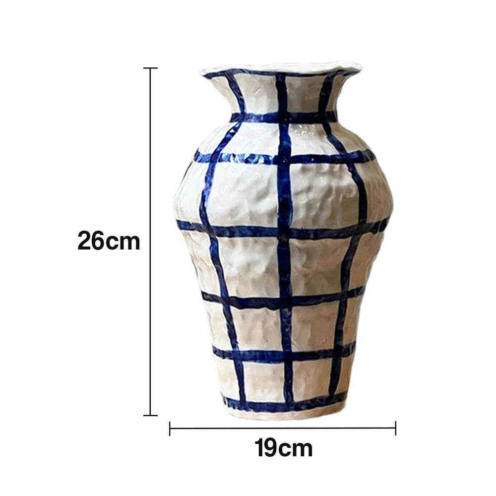 LIVARA Handcrafted Ceramic Vase - Sculptural Rounded Form Hand-Painted Grid Pattern Artistic Statement Decor for Modern Interiors - Blue & White