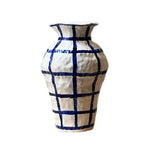 LIVARA Handcrafted Ceramic Vase - Sculptural Rounded Form Hand-Painted Grid Pattern Artistic Statement Decor for Modern Interiors - Blue & White