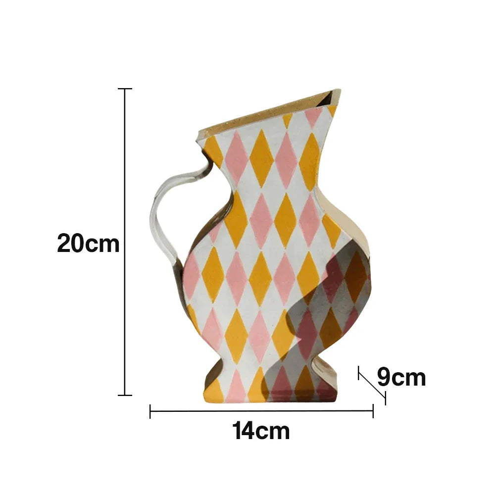 LIVARA Sculptural Ceramic Vase - Asymmetrical Pitcher Form Hand-Painted Diamond Pattern Artistic Statement Decor for Modern Interiors - Multicolor