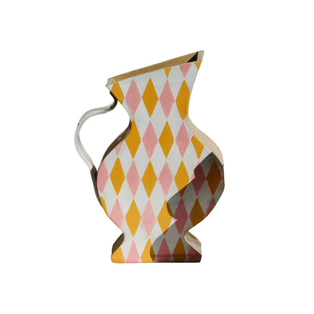 LIVARA Sculptural Ceramic Vase - Asymmetrical Pitcher Form Hand-Painted Diamond Pattern Artistic Statement Decor for Modern Interiors - Multicolor
