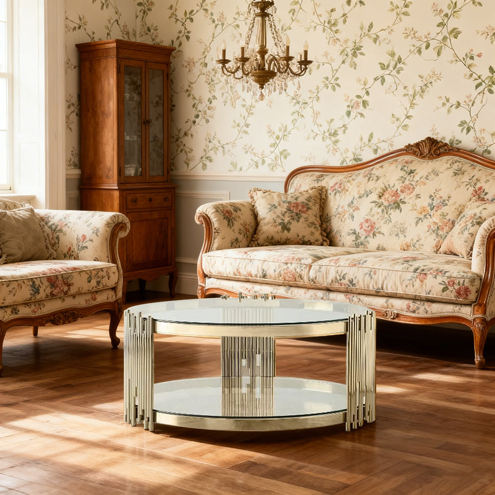LIVARA Round Glass Coffee Table Two Tier Metal Frame Tempered Glass Modern Stable Build for Organised Living Spaces Gold
