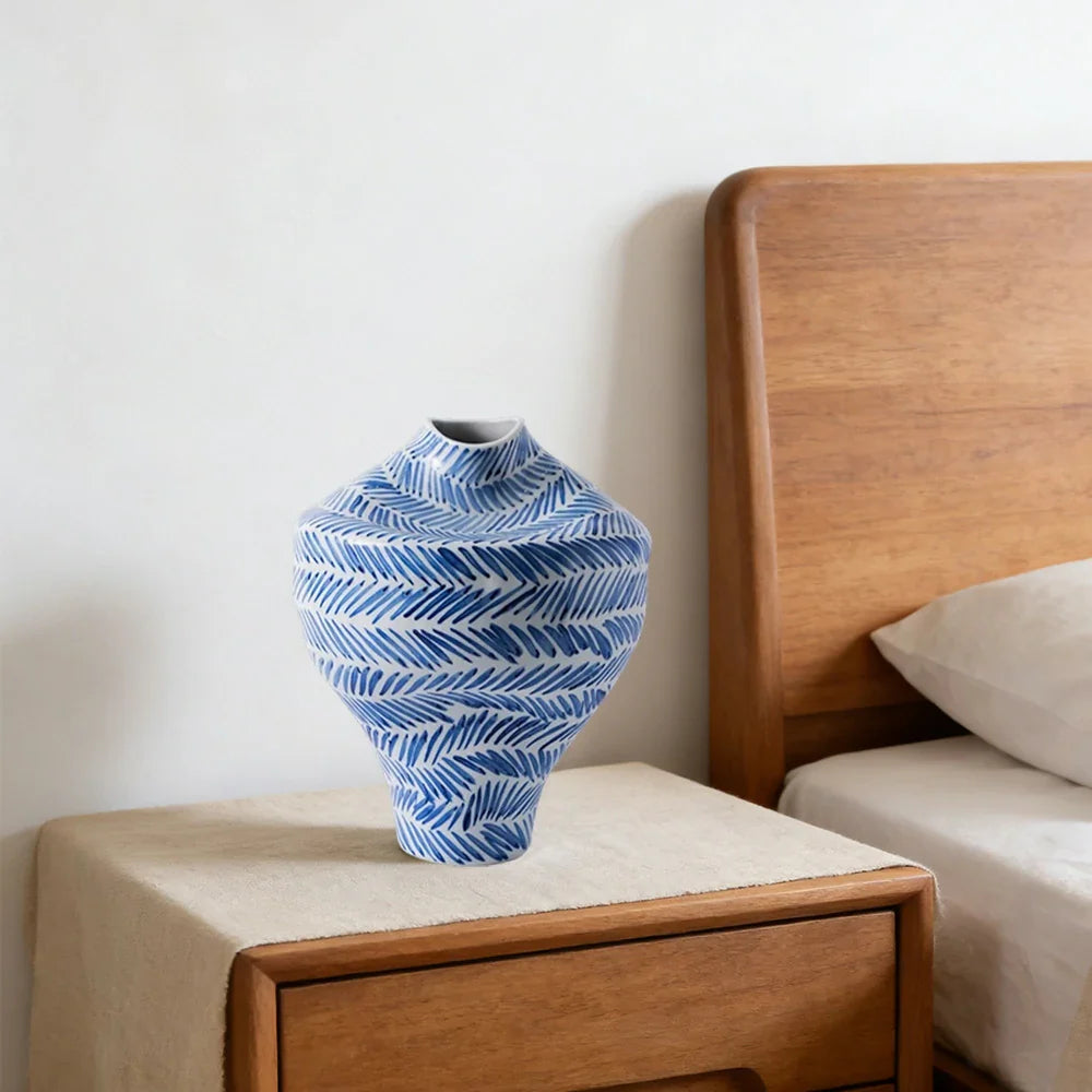 LIVARA Ceramic Vase Ornament Artistic Home Display Mid-Century Blue & White Theme Matte Ceramic Handcrafted Stone-Texture Finish