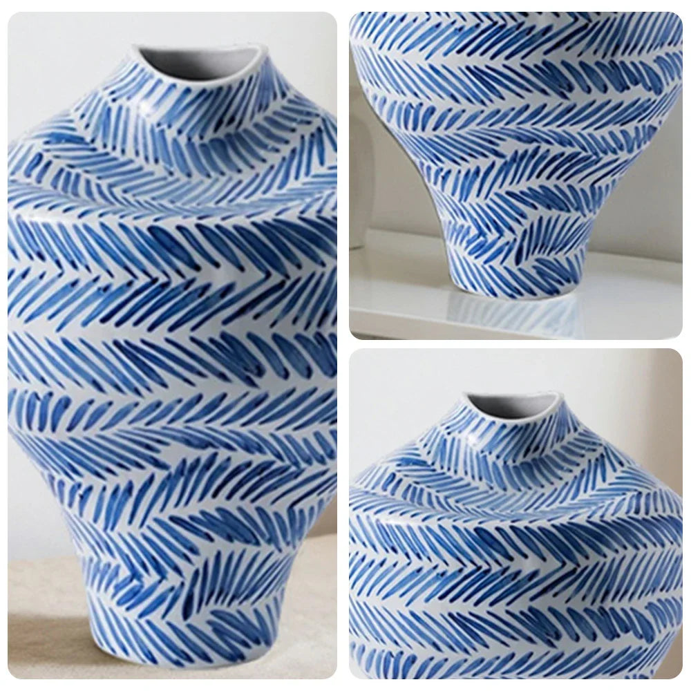 LIVARA Ceramic Vase Ornament Artistic Home Display Mid-Century Blue & White Theme Matte Ceramic Handcrafted Stone-Texture Finish