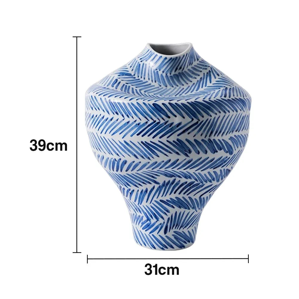 LIVARA Ceramic Vase Ornament Artistic Home Display Mid-Century Blue & White Theme Matte Ceramic Handcrafted Stone-Texture Finish
