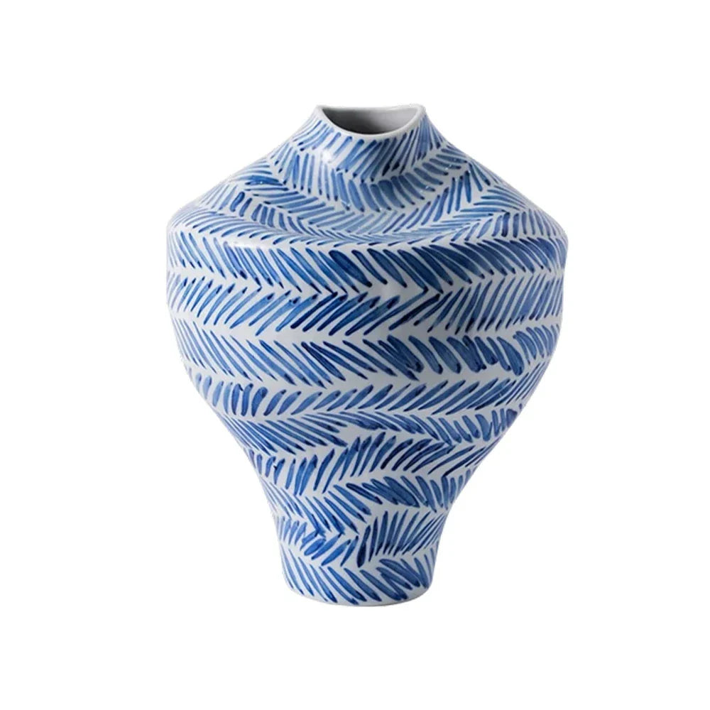 LIVARA Ceramic Vase Ornament Artistic Home Display Mid-Century Blue & White Theme Matte Ceramic Handcrafted Stone-Texture Finish