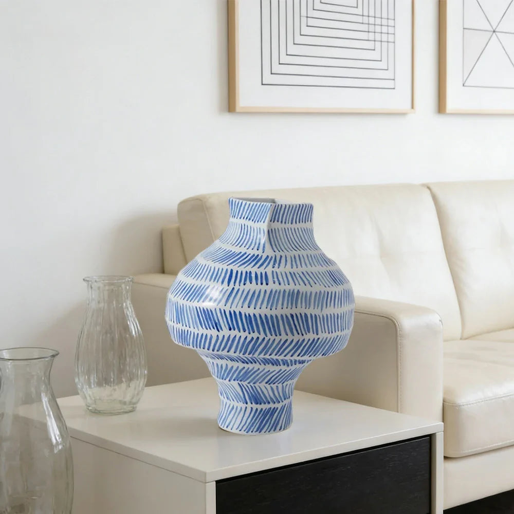 LIVARA Ceramic Vase Ornament Decorative Display Vintage Blue-and-White Aesthetic Matte Ceramic Handcrafted Textured Finish