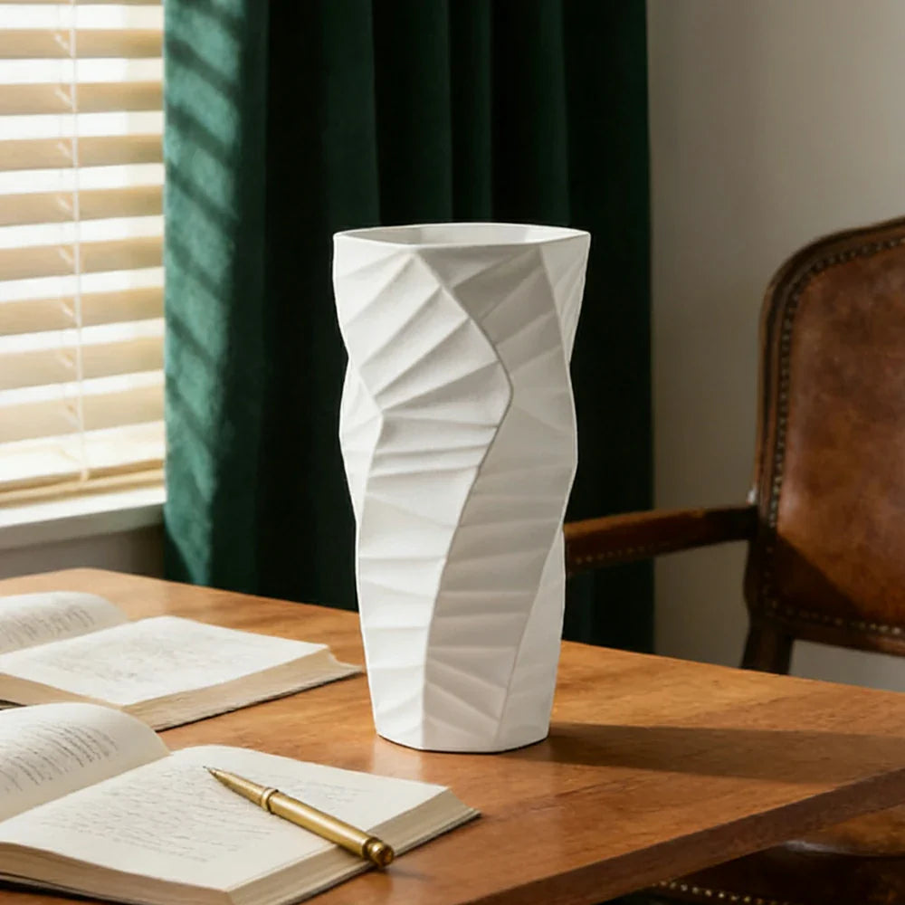LIVARA Ceramic Vase Ornament Artistic Home Display Contemporary Minimal Design Matte Ceramic Handcrafted Stone-Texture Design - White