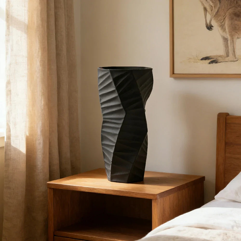 LIVARA Ceramic Vase Ornament Artistic Home Display Contemporary Minimal Design Matte Ceramic Handcrafted Stone-Texture Design - Black