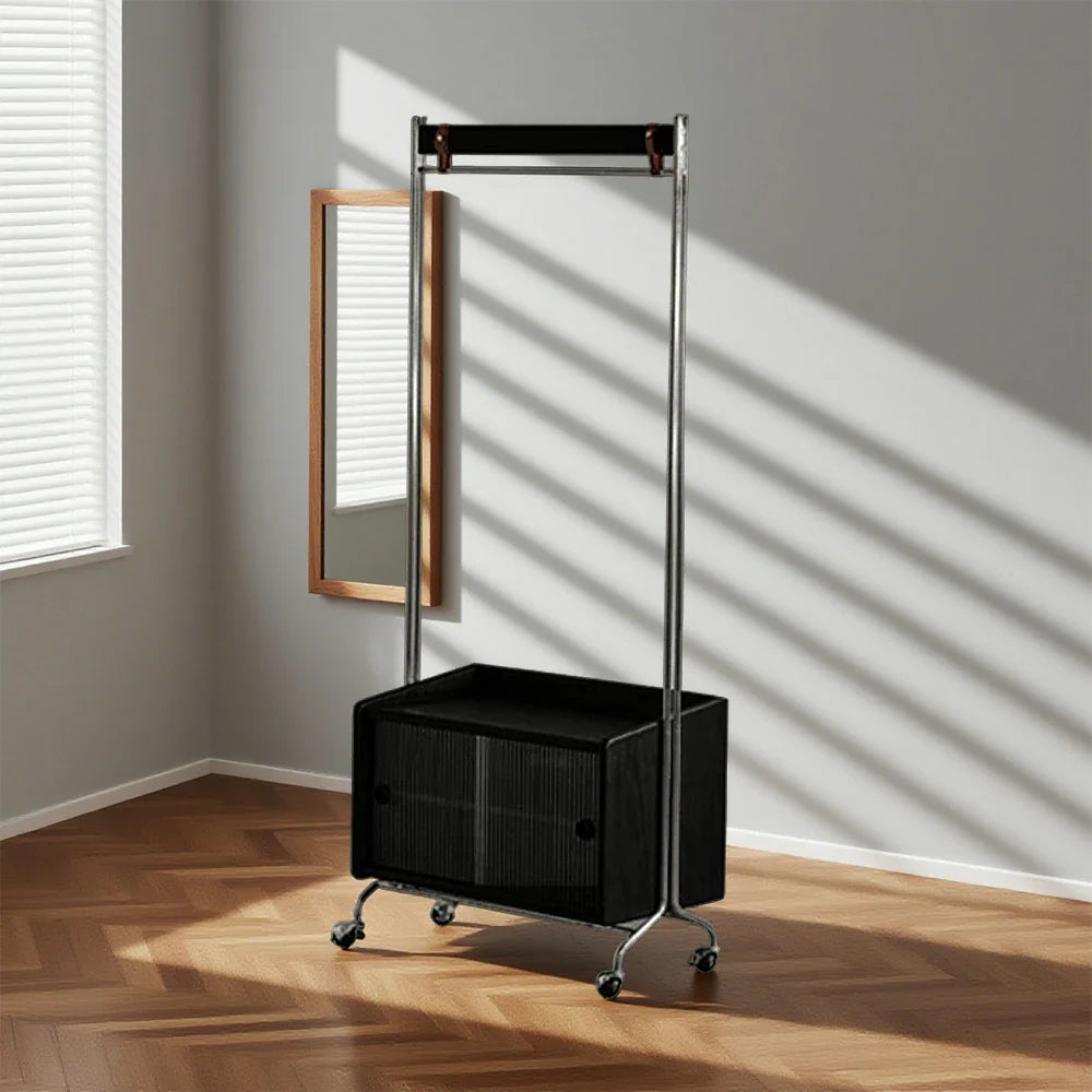 LIVARA 1121 Door Rack, Stand, Swivel Wood Casters Freestanding Steel, Glass Clothing Multi-Functional Solid Storage - Clothes Stainless Black