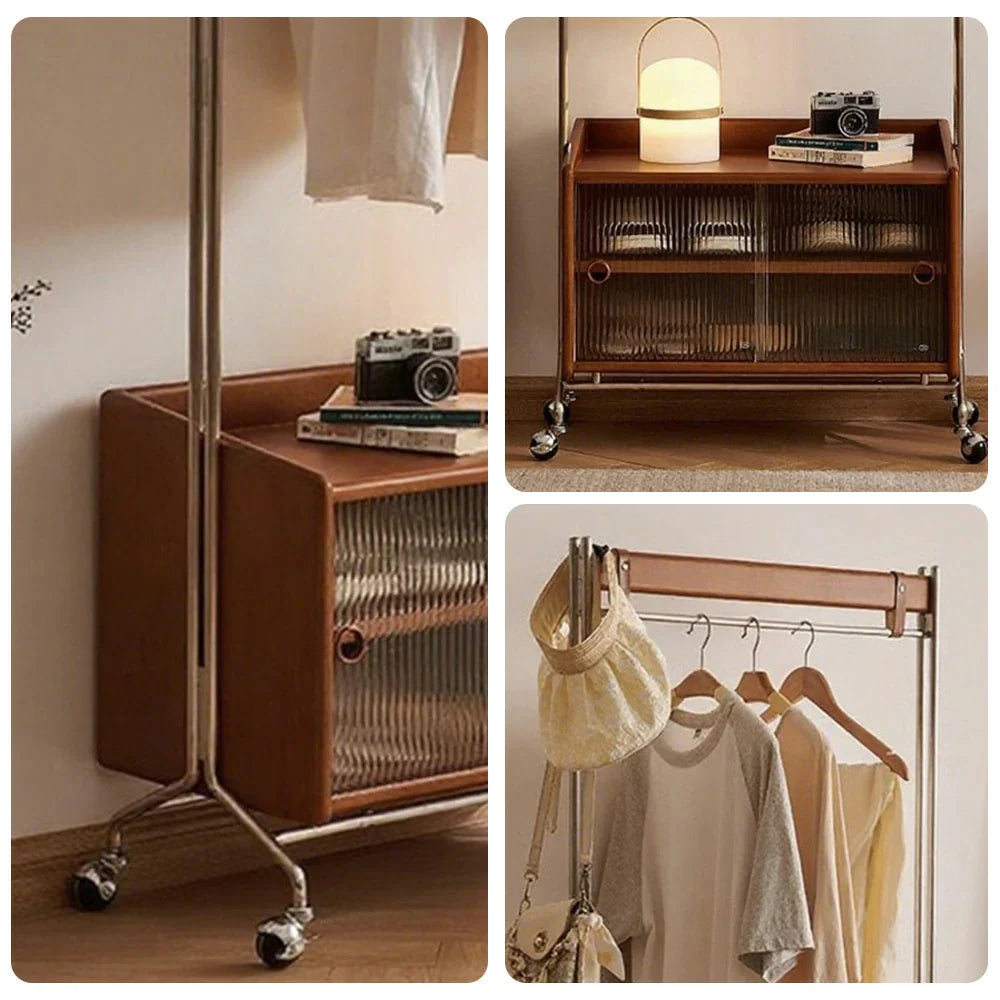 LIVARA 1121 Casters Freestanding Steel, Stainless Stand, Clothing Door Glass Multi-Functional - Solid Wood Storage Rack, Clothes Swivel Wood