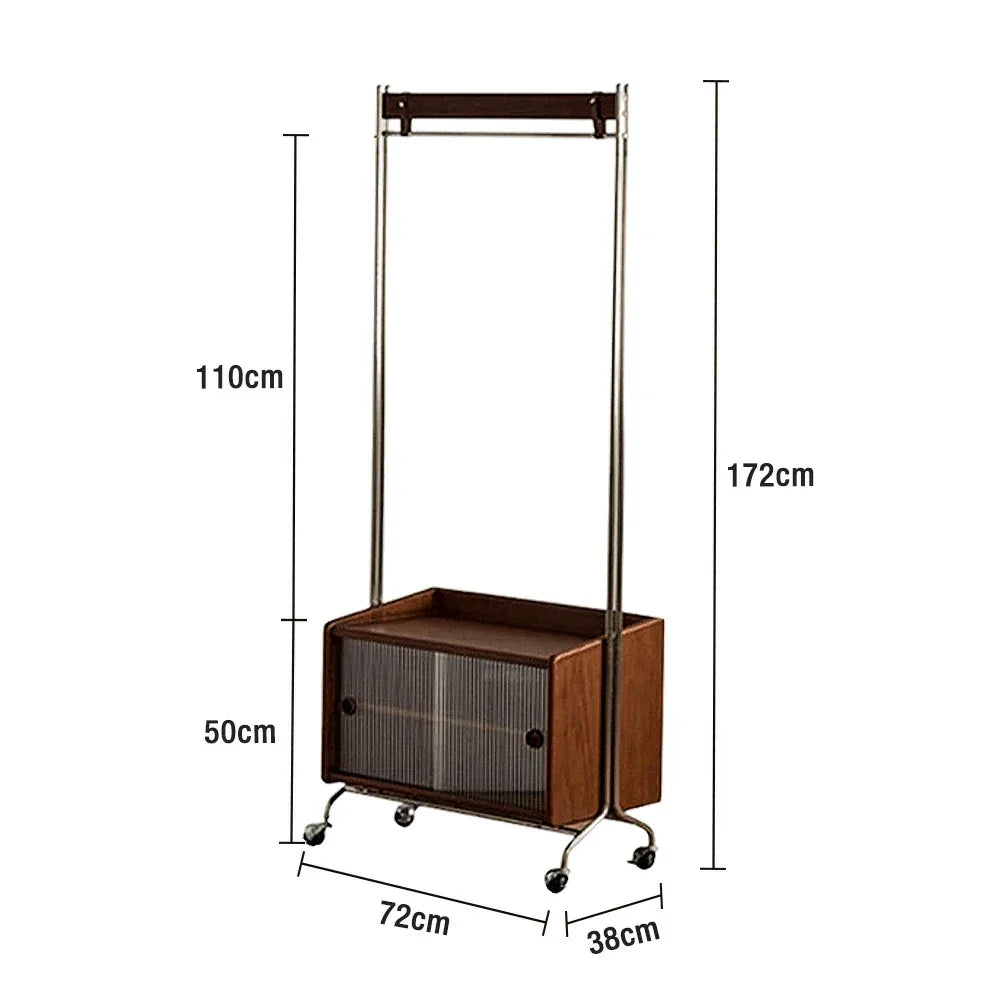 LIVARA 1121 Casters Freestanding Steel, Stainless Stand, Clothing Door Glass Multi-Functional - Solid Wood Storage Rack, Clothes Swivel Wood