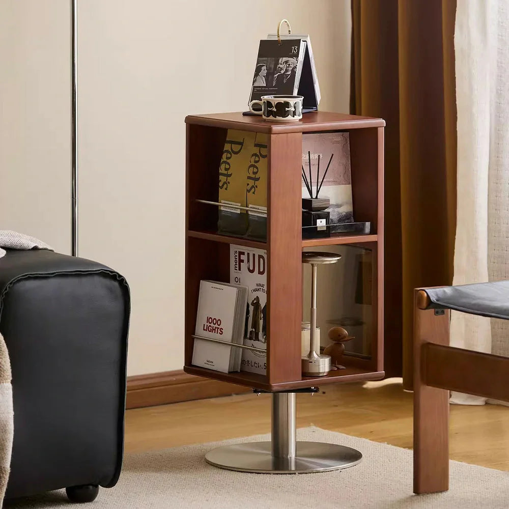 LIVARA 1122 Walnut Rotatable Storage Solid Full Cabinet, Design, Easy Wood, Bedside - Access Steel Base Stainless Storage