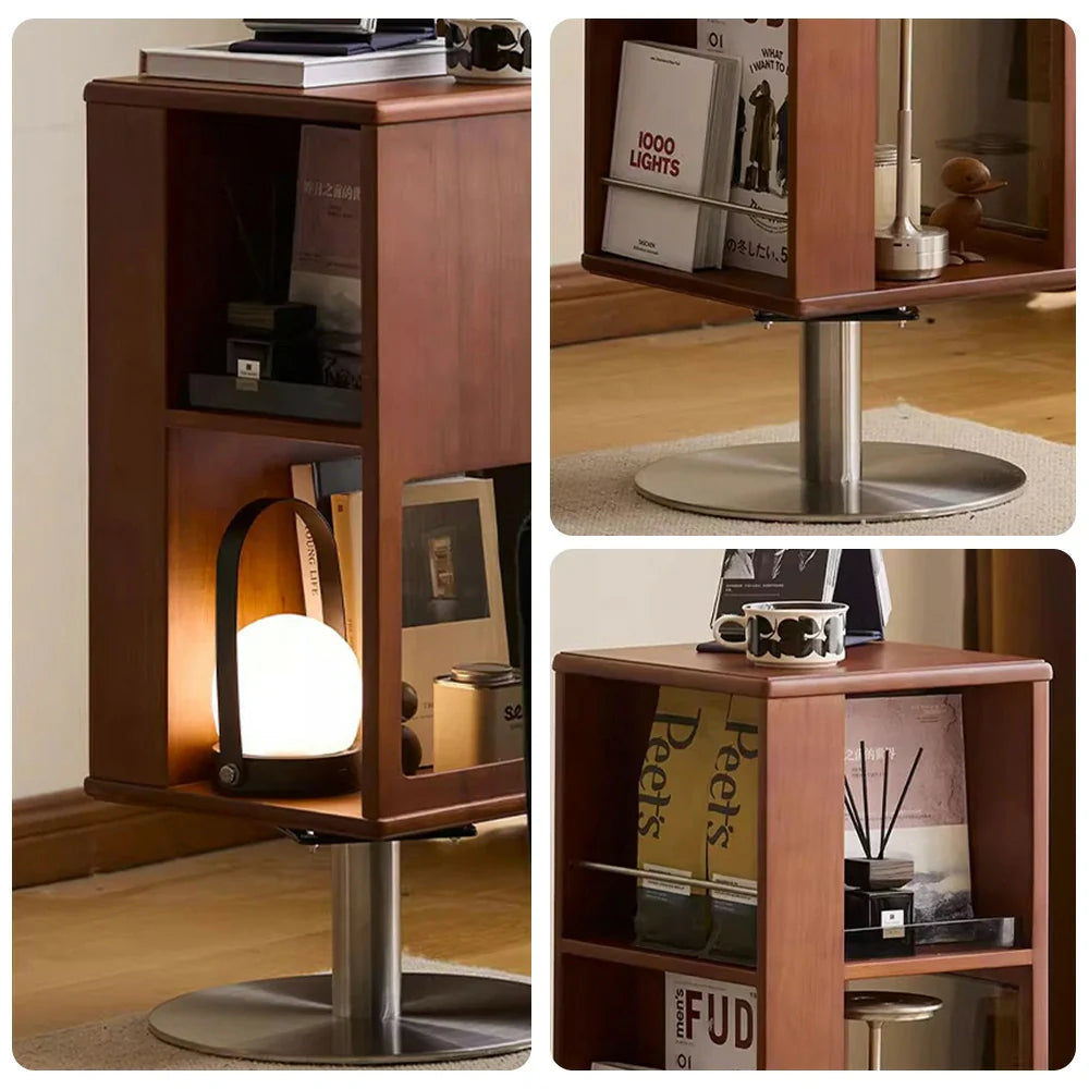 LIVARA 1122 Walnut Rotatable Storage Solid Full Cabinet, Design, Easy Wood, Bedside - Access Steel Base Stainless Storage