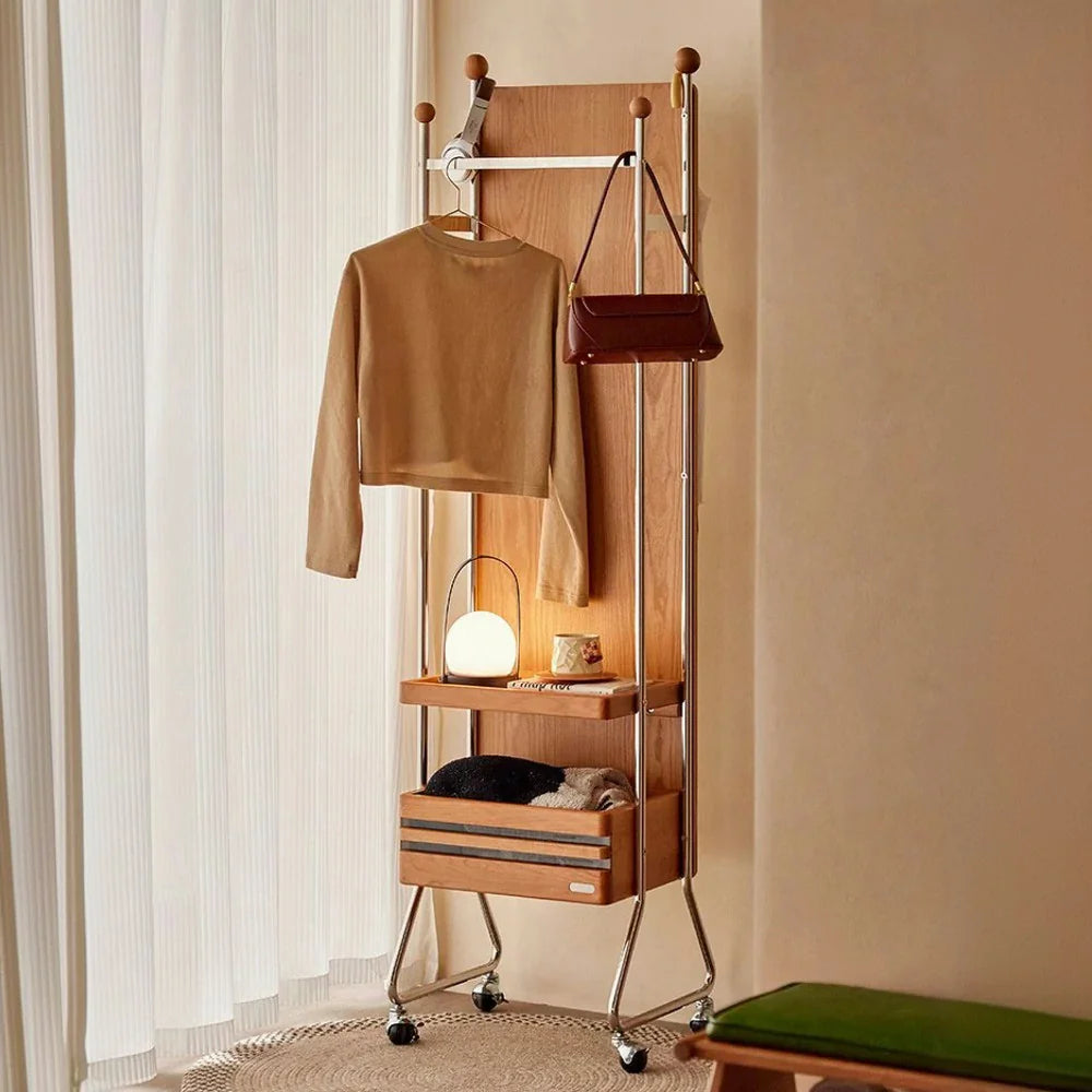 LIVARA 1123 - Ash Wood Steel, Rack Grain Solid Mobile Stainless Cabinet Storage, Ample Casters Swivel Coat - with Bedside Wood