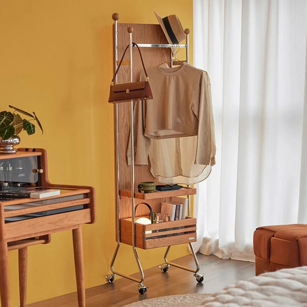 LIVARA 1123 - Ash Wood Steel, Rack Grain Solid Mobile Stainless Cabinet Storage, Ample Casters Swivel Coat - with Bedside Wood