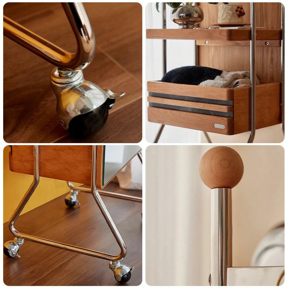 LIVARA 1123 - Ash Wood Steel, Rack Grain Solid Mobile Stainless Cabinet Storage, Ample Casters Swivel Coat - with Bedside Wood