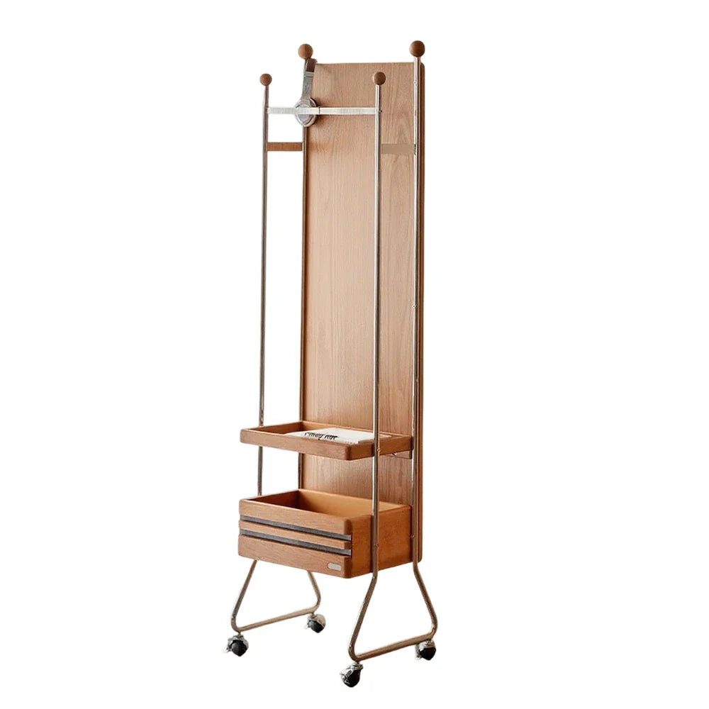 LIVARA 1123 - Ash Wood Steel, Rack Grain Solid Mobile Stainless Cabinet Storage, Ample Casters Swivel Coat - with Bedside Wood