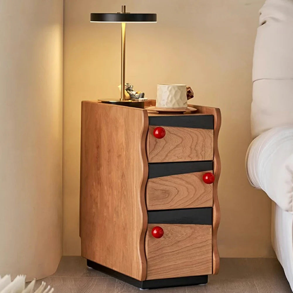 LIVARA 1125 Storage, Cabinet, Open Stainless - Steel Construction, Tall Bedside Wood Red Narrow Handles, Spherical Solid Legs Wood