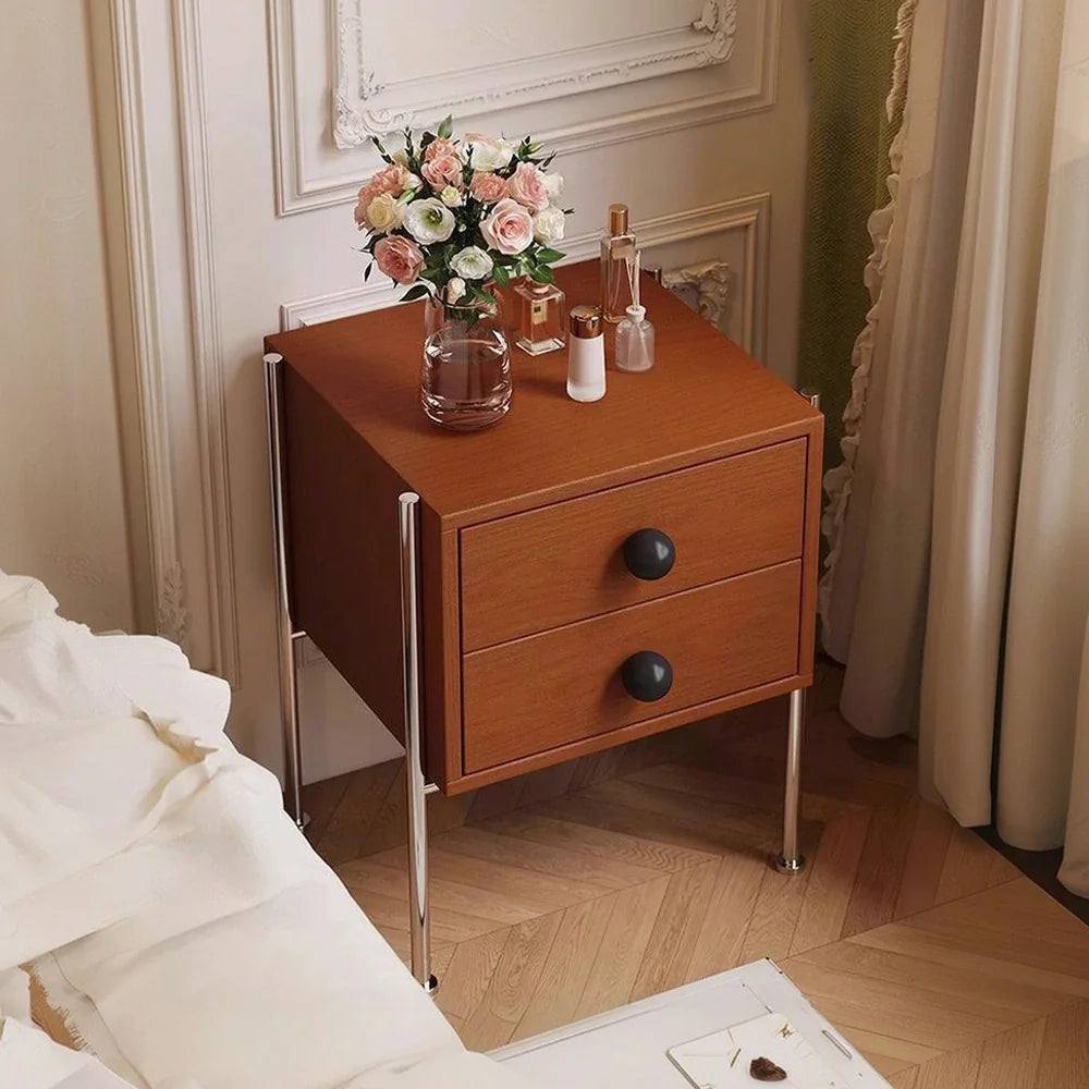 LIVARA 1133 Clearance Solid Legs, Bedside - Steel Wood Cabinet, Spherical Tabletop, Tall Stainless Ash Handles, Bottom Grain, Open 17cm Wood