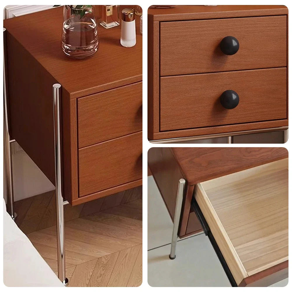 LIVARA 1133 Clearance Solid Legs, Bedside - Steel Wood Cabinet, Spherical Tabletop, Tall Stainless Ash Handles, Bottom Grain, Open 17cm Wood