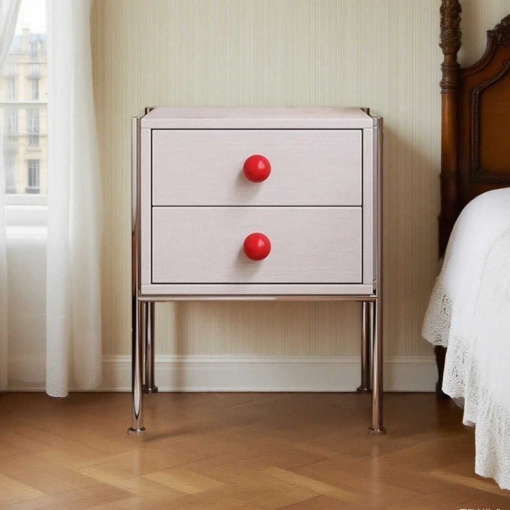 LIVARA 1133 Clearance Tabletop, 17cm Stainless Grain, Solid Ash Bedside Tall Steel Cabinet, Legs, Handles, Wood Spherical Bottom - Open White