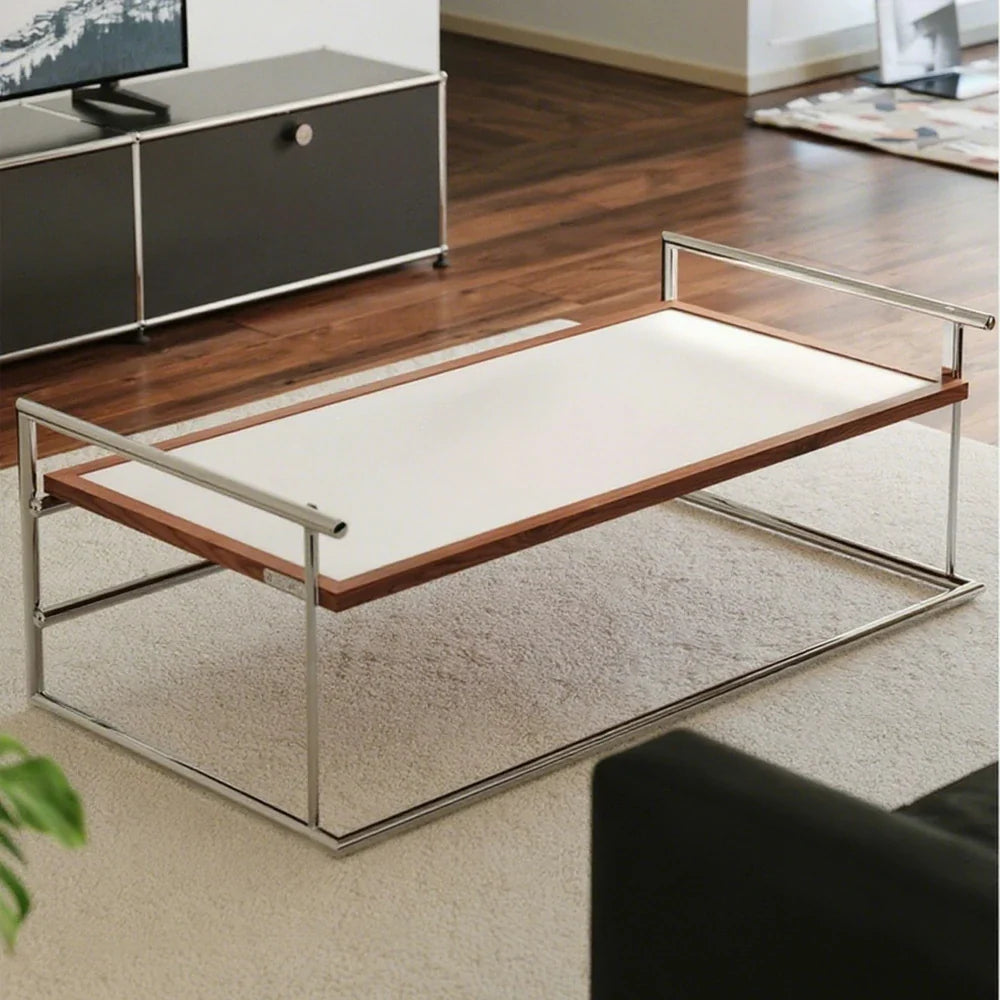 LIVARA 1136 Frame Low Coffee - Steel Table - Vintage Sofa Table/Desk, Black Stainless Multi-Functional Panel, Wood Ash with Reversible Solid Legs White