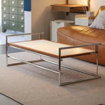 LIVARA 1136 Frame Low Coffee - Steel Table - Vintage Sofa Table/Desk, Black Stainless Multi-Functional Panel, Wood Ash with Reversible Solid Legs White