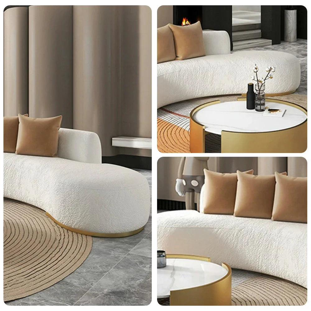 LIVARA 170/200/230cm Fleece Solid Frame, Upholstered, Ergonomic Sofa High-Density Breathable, Fabric - Wood Design, Lamb Sponge Multi-Seater White