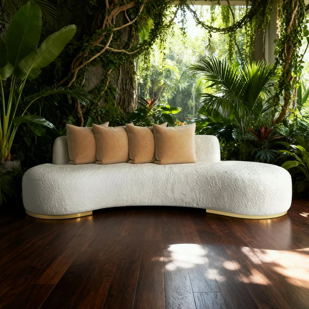 LIVARA 170/200/230cm Fleece Solid Frame, Upholstered, Ergonomic Sofa High-Density Breathable, Fabric - Wood Design, Lamb Sponge Multi-Seater White