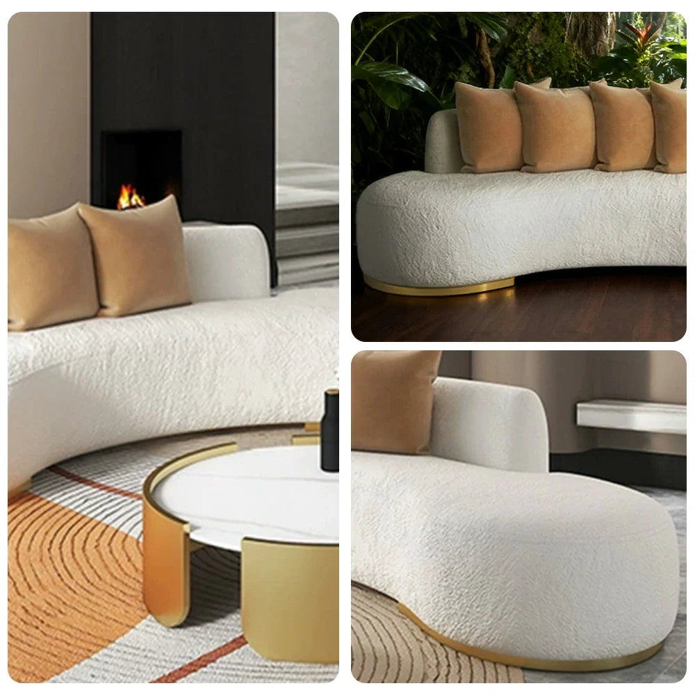 LIVARA 170/200/230cm Fleece Solid Frame, Upholstered, Ergonomic Sofa High-Density Breathable, Fabric - Wood Design, Lamb Sponge Multi-Seater White