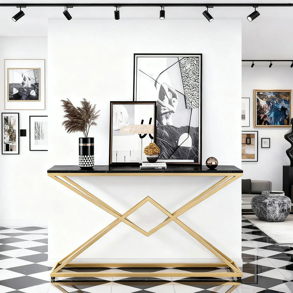 LIVARA Modern Table 140/160cm - Durable Rock Slab Top, Metal Frame, Spacious Surface, Waterproof & Stain-Resistant - Black & Gold