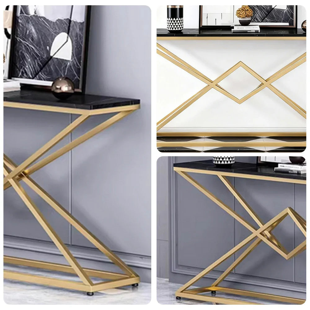 LIVARA Modern Table 140/160cm - Durable Rock Slab Top, Metal Frame, Spacious Surface, Waterproof & Stain-Resistant - Black & Gold