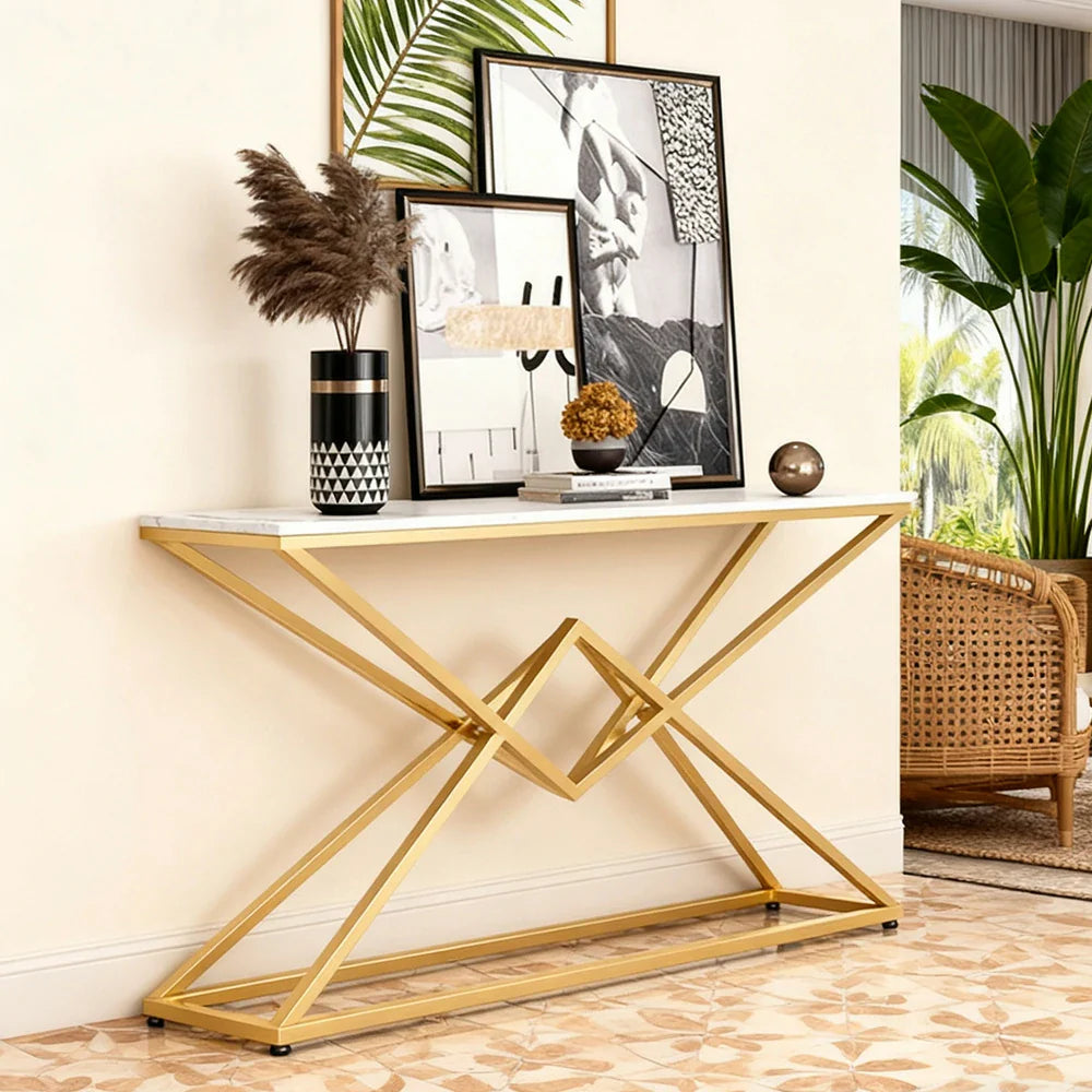 LIVARA Modern Table 140/160cm - Durable Rock Slab Top, Metal Frame, Spacious Surface, Waterproof & Stain-Resistant - White & Gold