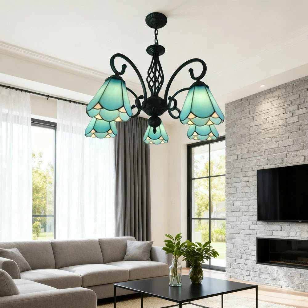 LIVARA Crystal 5-Light - Iron - Elegant for Pendant Blue High-Temperature Adjustable Coloured Light Pendant, Height E27 Glass, Frame, Illumination