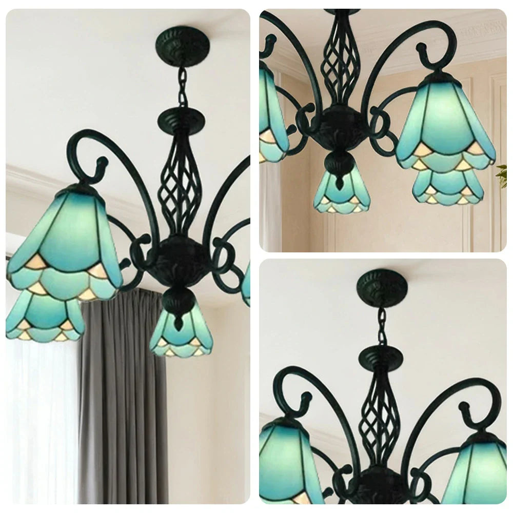 LIVARA Crystal 5-Light - Iron - Elegant for Pendant Blue High-Temperature Adjustable Coloured Light Pendant, Height E27 Glass, Frame, Illumination