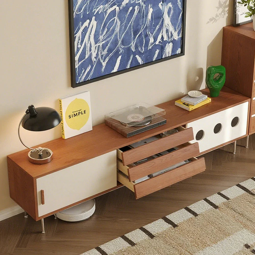 LIVARA 8805 Modern Legs, Steel Cabinet, Stainless Soft-Close Veneer, Solid Plywood Storage Ultra-Flat 18mm Tracks, with Cherry Wood Design