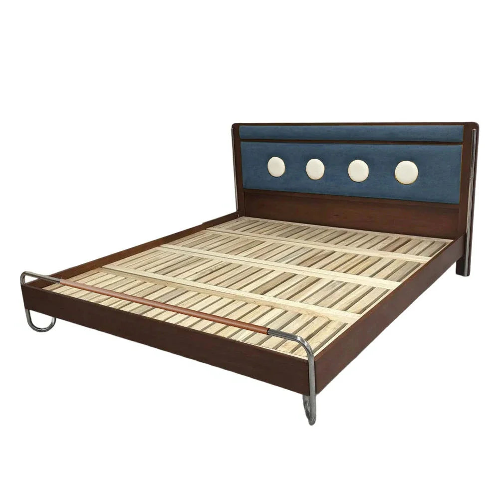 LUXORA 9901 Footboard Bed, Solid Larch Steel Cherry Frame, Wood Wood Cloud - Stainless Velvet 150cm Accents, Blue