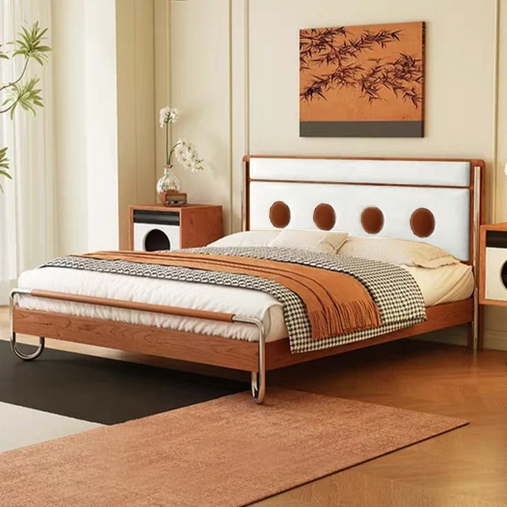 LUXORA 9901 Accents, Wood Larch Cherry Steel Bed, Cloud Stainless Footboard Frame, Velvet 150cm - Solid Wood White