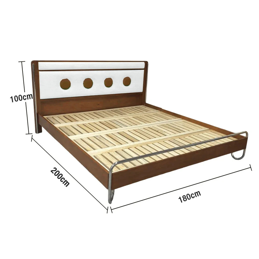 LUXORA 9901 Accents, Wood Larch Cherry Steel Bed, Cloud Stainless Footboard Frame, Velvet 150cm - Solid Wood White