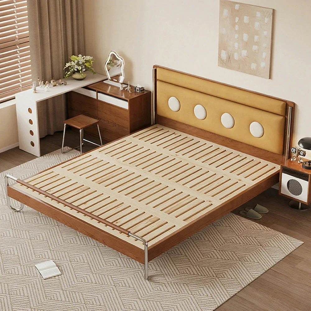 LUXORA 9901 Cloud Velvet 150cm Stainless Bed, - Wood Frame, Steel Wood Cherry Solid Accents, Larch Footboard Yellow